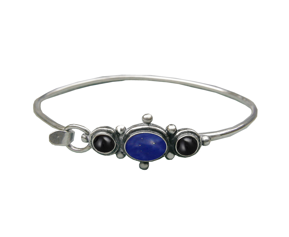 Sterling Silver Strap Latch Spring Hook Bangle Bracelet Lapis Lazuli And Black Onyx